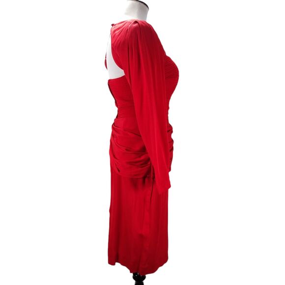 Vintage 90s Red Fitted Midi Cocktail Dress Size S Draped Open Back Square Neck - Picture 3 of 16